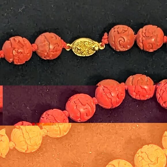 Vintage Carved Cinnabar Bead Necklace Hand Knotted Boho Mid Century Red Chinese - Picture 5 of 6